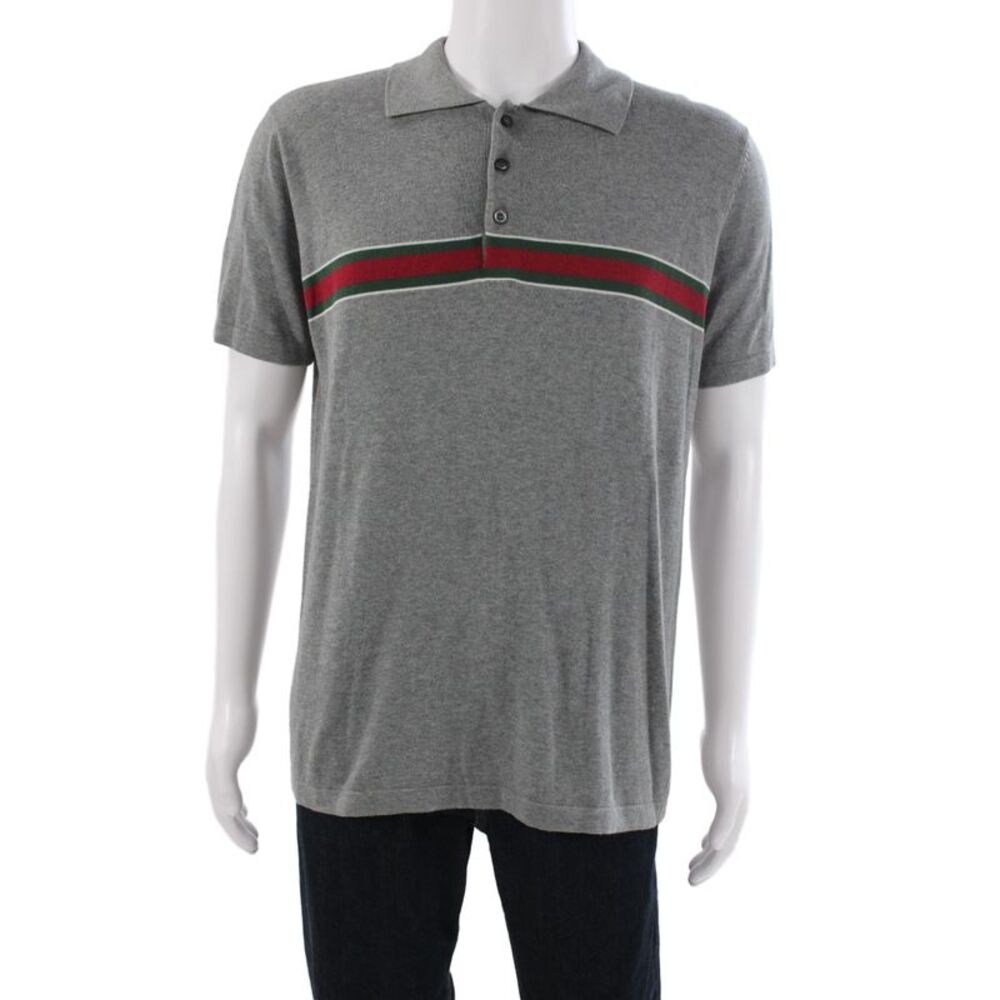 Gucci Mens Polo Shirt Gray Striped Short Sleeve Cotton Button Collared Size 2XL